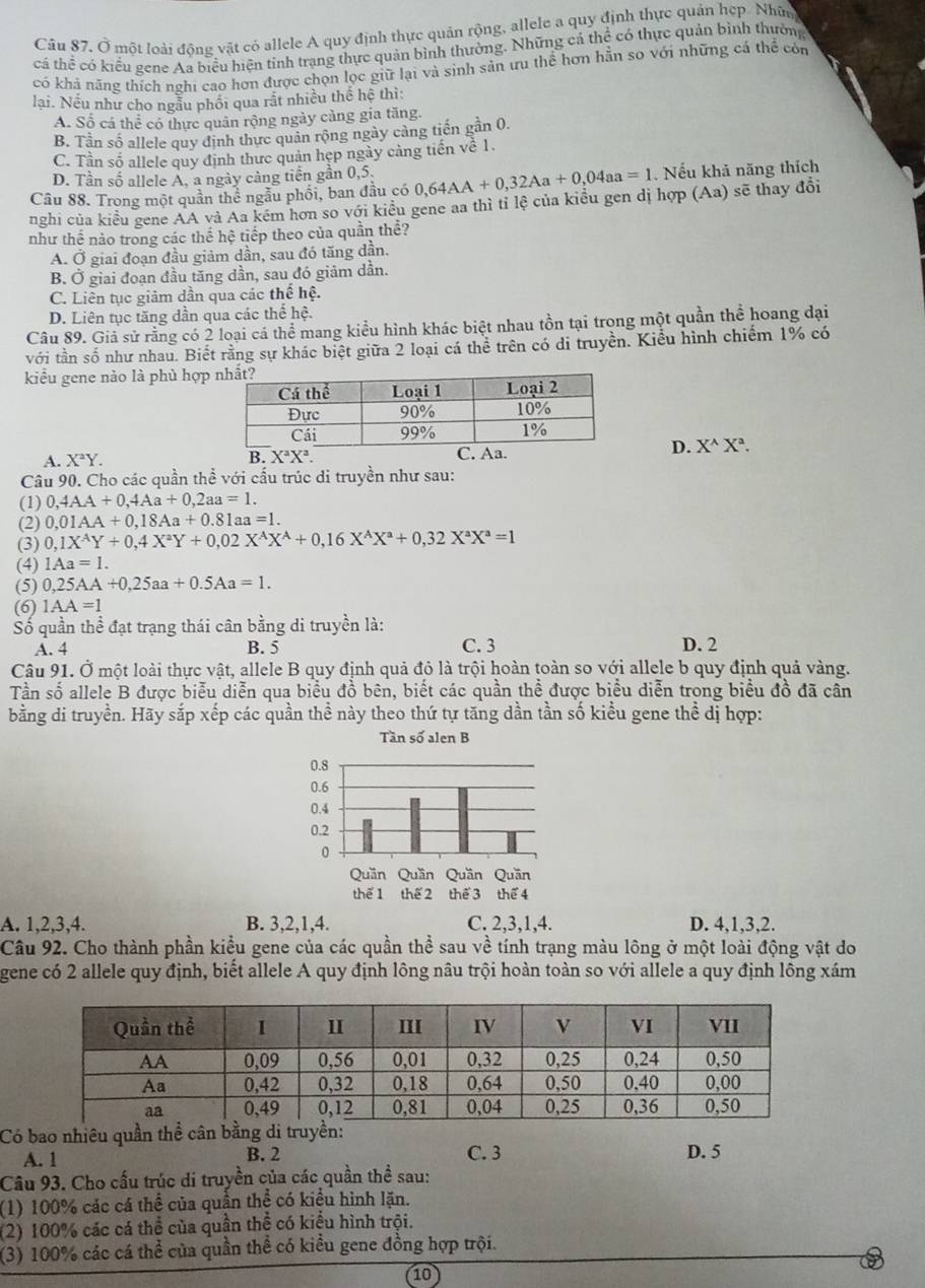 Ở một loài động vật có allele A quy định thực quản rộng, allele a quy định thực quản hẹp. Nhữn
cá thể có kiểu gene Aa biểu hiện tỉnh trạng thực quản bình thường. Những cả thể có thực quản bình thường
có khả năng thích nghi cao hơn được chọn lọc giữ lại và sinh sản ưu thể hơn hẵn so với những cá thể còn
lại. Nếu như cho ngẫu phối qua rắt nhiều thể hệ thì:
A. Số cá thể có thực quân rộng ngày càng gia tăng.
B. Tần số allele quy định thực quản rộng ngày cảng tiến gần 0.
C. Tần số allele quy định thực quản hẹp ngày cảng tiến về 1.
D. Tần số allele A, a ngày càng tiền gần 0,5.
Câu 88. Trong một quần thể ngẫu phối, ban đầu có
(Aa)
nghi của kiểu gene AA và Aa kém hơn so với kiểu gene aa thì tỉ lệ của kiều gen dị hợp 0,64AA+0,32Aa+0,04aa=1 Nếu khả năng thích sẽ thay đổi
như thế nào trong các thế hệ tiếp theo của quần thể?
A. Ở giai đoạn đầu giảm dần, sau đó tăng dần.
B. Ở giai đoạn đầu tăng dần, sau đó giảm dần.
C. Liên tục giảm dần qua các thể hệ.
D. Liên tục tăng dần qua các thể hệ.
Câu 89. Giả sử rằng có 2 loại cá thể mang kiều hình khác biệt nhau tồn tại trong một quần thể hoang đại
với tần số như nhau. Biết rằng sự khác biệt giữa 2 loại cá thể trên có di truyền. Kiểu hình chiếm 1% có
kiểu gene nảo là phù hợp
A. X^aY.
D. X^(wedge)X^a.
Câu 90. Cho các quần thể với cấu trúc di truyền như sau:
(1) 0,4AA+0,4Aa+0,2aa=1.
(2) 0,01AA+0,18Aa+0.81aa=1.
(3) 0,1X^AY+0,4X^aY+0,02X^AX^A+0,16X^AX^a+0,32X^aX^a=1
(4) 1Aa=1.
(5) 0,25AA+0,25aa+0.5Aa=1.
(6) 1AA=1
Số quần thể đạt trạng thái cân bằng di truyền là:
A. 4 B. 5 C. 3 D. 2
Câu 91. Ở một loài thực vật, allele B quy định quả đỏ là trội hoàn toàn so với allele b quy định quả vàng.
Tần số allele B được biễu diễn qua biểu đồ bên, biết các quần thể được biểu diễn trong biểu đồ đã cân
bằng di truyền. Hãy sắp xếp các quần thề này theo thứ tự tăng dần tần số kiều gene thể dị hợp:
A. 1,2,3,4. B. 3,2,1,4. C. 2,3,1,4. D. 4,1,3,2.
Câu 92. Cho thành phần kiều gene của các quần thể sau về tính trạng màu lông ở một loài động vật do
gene có 2 allele quy định, biết allele A quy định lông nâu trội hoàn toàn so với allele a quy định lông xám
Có bao nhiêu quần thể cân bằng di trn:
C. 3
A. 1 B. 2 D. 5
Câu 93. Cho cấu trúc di truyền của các quần thể sau:
(1) 100% các cá thể của quần thể có kiểu hình lặn.
(2) 100% các cá thể của quần thể có kiểu hình trội.
(3) 100% các cá thể của quần thể có kiều gene đồng hợp trội.
(10)