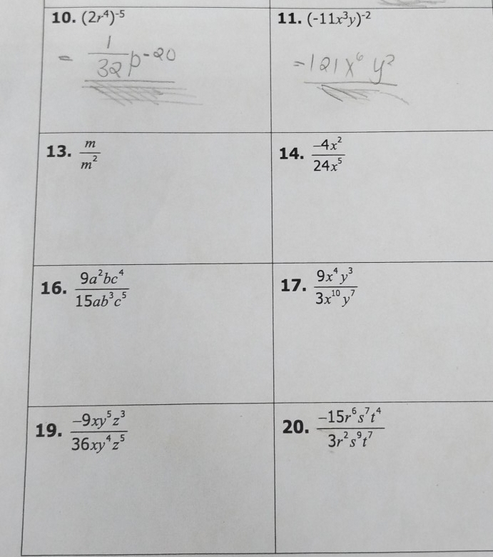 (2r^4)^-5 11. (-11x^3y)^-2