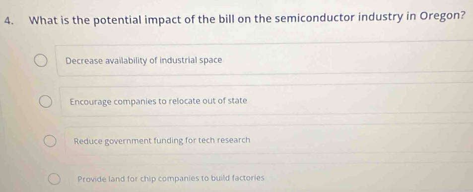 What is the potential impact of the bill on the semiconductor industry in Oregon?
Decrease availability of industrial space
Encourage companies to relocate out of state
Reduce government funding for tech research
Provide land for chip companies to build factories