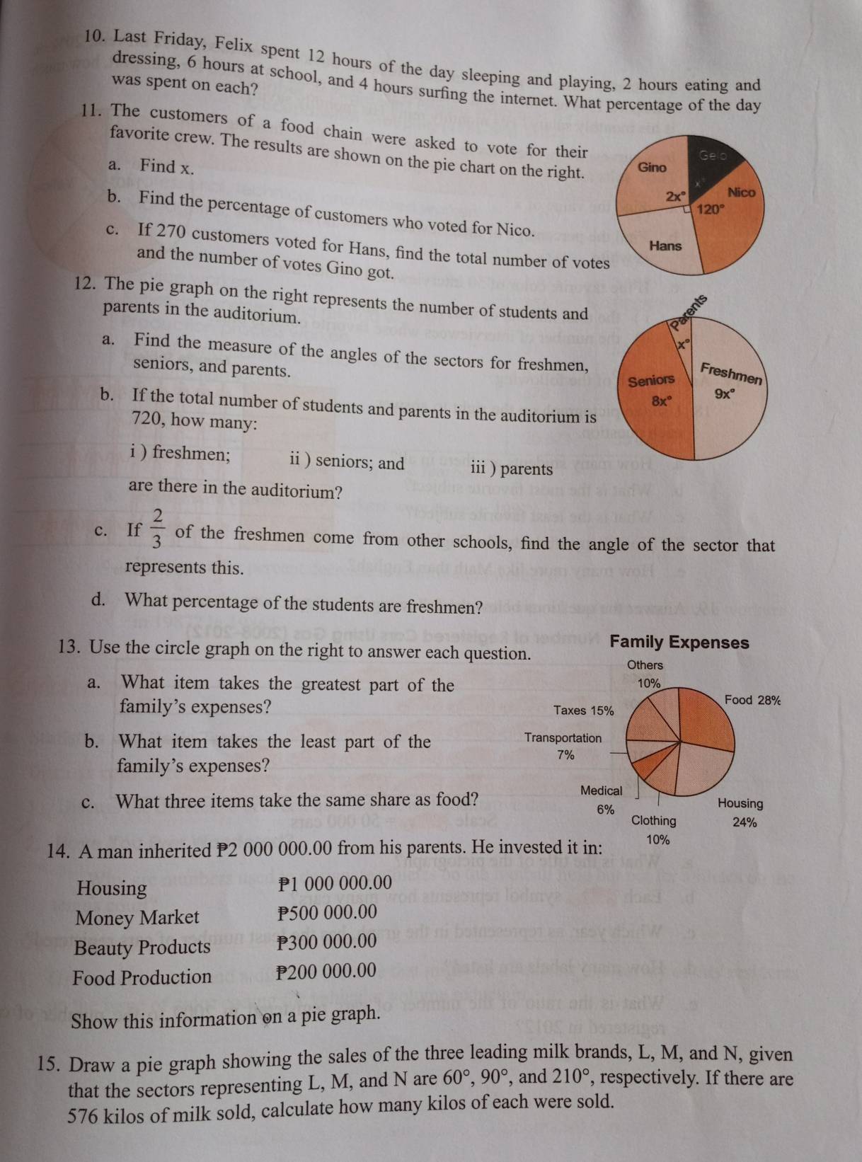 Last Friday, Felix spent 12 hours of the day sleeping and playing, 2 hours eating and
dressing, 6 hours at school, and 4 hours surfing the internet. What percentage of the day
was spent on each?
11. The customers of a food chain were asked to vote for their
favorite crew. The results are shown on the pie chart on the right.
a. Find x. 
b. Find the percentage of customers who voted for Nico.
c. If 270 customers voted for Hans, find the total number of vote
and the number of votes Gino got.
12. The pie graph on the right represents the number of students and
parents in the auditorium.
a. Find the measure of the angles of the sectors for freshmen,
seniors, and parents.
b. If the total number of students and parents in the auditorium is
720, how many:
i ) freshmen; ii ) seniors; and ii ) parents
are there in the auditorium?
c. If  2/3  of the freshmen come from other schools, find the angle of the sector that
represents this.
d. What percentage of the students are freshmen?
13. Use the circle graph on the right to answer each questi
a. What item takes the greatest part of the
family’s expenses? 
b. What item takes the least part of the
family’s expenses?
c. What three items take the same share as food?
14. A man inherited P2 000 000.00 from his parents. He in
Housing 1 000 000.00
Money Market P500 000.00
Beauty Products P300 000.00
Food Production P200 000.00
Show this information on a pie graph.
15. Draw a pie graph showing the sales of the three leading milk brands, L, M, and N, given
that the sectors representing L, M, and N are 60°,90° , and 210° , respectively. If there are
576 kilos of milk sold, calculate how many kilos of each were sold.