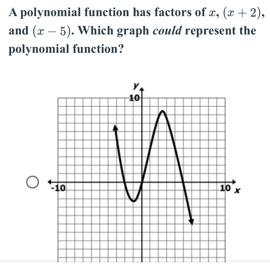 A polynomial function has factors of x, (x+2), 
and (x-5). Which graph could represent the 
polynomial function?