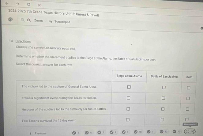 2024-2025 7th Grade Texas History Unit 5: Unrest & Revolt 
Zoom Scratchpad 
14. Directions 
Choose the correct answer for each cell. 
Determine whether the statement applies to the Siege at the Alamo, the Battle of San Jacinto, or both. 
Select the correct answer for each row.
10 11 12 12
( Previaus