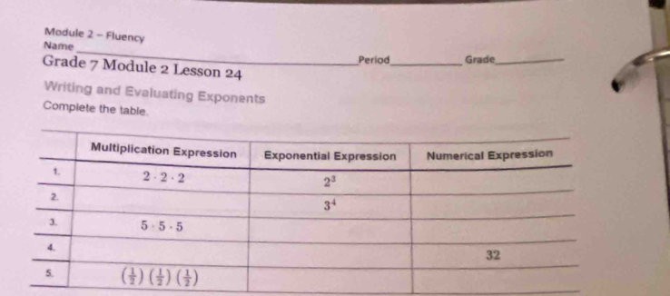 Module 2 - Fluency
_
Name
Period_ Grade_
Grade 7 Module 2 Lesson 24
Writing and Evaluating Exponents
Complete the table.