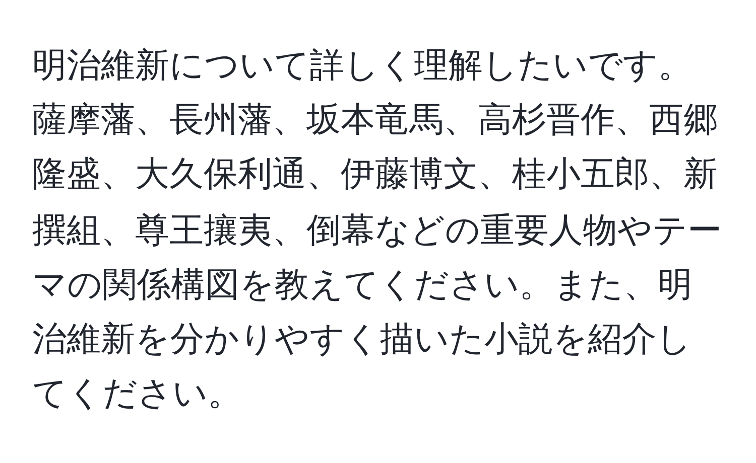 明治維新について詳しく理解したいです。薩摩藩、長州藩、坂本竜馬、高杉晋作、西郷隆盛、大久保利通、伊藤博文、桂小五郎、新撰組、尊王攘夷、倒幕などの重要人物やテーマの関係構図を教えてください。また、明治維新を分かりやすく描いた小説を紹介してください。