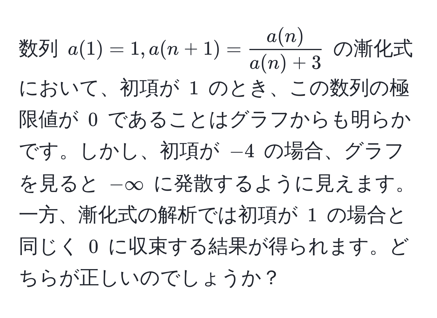 数列 $a(1)=1, a(n+1)= a(n)/a(n)+3 $ の漸化式において、初項が $1$ のとき、この数列の極限値が $0$ であることはグラフからも明らかです。しかし、初項が $-4$ の場合、グラフを見ると $-∈fty$ に発散するように見えます。一方、漸化式の解析では初項が $1$ の場合と同じく $0$ に収束する結果が得られます。どちらが正しいのでしょうか？