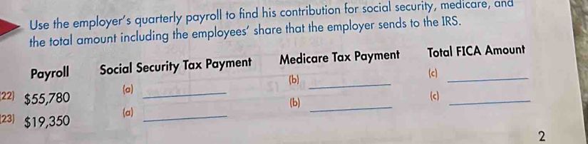 Use the employer’s quarterly payroll to find his contribution for social security, medicare, and 
the total amount including the employees' share that the employer sends to the IRS. 
Payroll Social Security Tax Payment Medicare Tax Payment Total FICA Amount 
(a) _(b)_ 
(c) 
22) $55,780 (c)_ 
(b)_ 
23) $19,350 (a)_ 
2