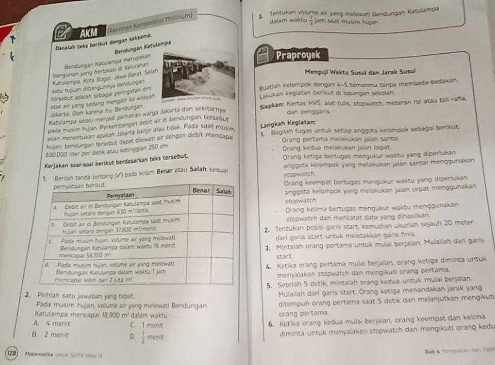 AKM (Aaesmen Kompetensi Minimum)
1 Tentukan volume air yang melewati Bendungan Katulampa
dalam waktu  1/3  jam saat musim hujan.
Bacalah teks berikut dengan saksama.
Praproyek
Bendungan Katulampa merupakan Bendungan Katulampa
bāngunan yang berickasi di Kelurahan      
Katulampa, Kotá Ilogor, Jawa Barat, Salah
Menguji Waktu Susul dan Jarak Susul
Buatláh kelompok dengan 4-5 temanmu tanpa membeda-bedakan
Satu tujuan dibangunnya bendungan
tersebut adalah sebagal peringatan dini
atas air yang sedang mengalir ke willayäh     i e   Lakukan kegiatan berikut di lapangan sekolah.
Slapkan: Kertas HVS, alat tulls, stopwatch, meteran rol atau tall rafia,
Jakarta, Ölen karena itu, Bendungan
Katulampa selalu menjadi pernatian warga Jakarta dan sekitarnya
dan pénggaris
pada musim hujan. Perkembangan debit air di bendungän tersebut
akan menentukan apakan Jakarta banjir atau tidak. Padá säät musim Langkah Kegiatan:
hulan, bendungan tersebut dapat dilewäti air dengan debit mencapä 1. Bagilah tugas untuk setlap anggota kelompok sebagai berikut.
Orang pertama melakukan jalan santal
630.000 llter per detik atau ketingglan 250 cm.
Orang kedua melakukan jalan cepat.
Kerjakan soal-soal berikut berdasarkan teks tersebut. Orang ketiga bertugas mengukur waktu yang diperlukan
. Beriiah tanda centang (√) pada kolom Benar atau Salah sesua) anggota kelompok yang melakukan jalan santai menggunakan
stopwatch
Orang keempat bertugas mengukur waktu yang diperlukan
anggota kelompok yang melakukan jaian cepat menggunakan
stopwatch.
Orang kelima bertugas mengukur waktu menggunakan
stopwätch dan mençatat data yang dihasilkan.
2. Tentukan posisi garis start, kemudian ukuriah sejauh 20 meter
dari garls start untuk meletakkan garis finis.
3. Mintalah orang pertama untuk mulai berjalan. Mulailah dari garis
start.
4. Ketika orang pertama mulai berjalan, orang ketiga diminta untuk
menyalakan stopwatch dan mengikuti orang pertama.
5. Setelah 5 detik, mintalah orang kedua untuk mulai berjalan.
2. Pilihlah satu jawaban yang tepat.
Mulailah darí garis start. Drang ketiga menandakan jarak yang
Pada musim hujan, volume air yang melewati Bendungan ditempuh orang pertama saat 5 detik dan melanjutkan mengikut
Katulampa mencapa 18.900m^3 dalam waktu .
orang pertama.
A 4 menit C. 1 menit
6. Ketika orang kedua mulai berjalan, orang keempat dan kelima
B. 2 menit
D.  1/2  menit
diminta untuk menyalakan stopwatch dan mengikuti orang kedu 
ab 4 Kocreaten dan Debi
128)   Matematika untia S0h9 Nase M