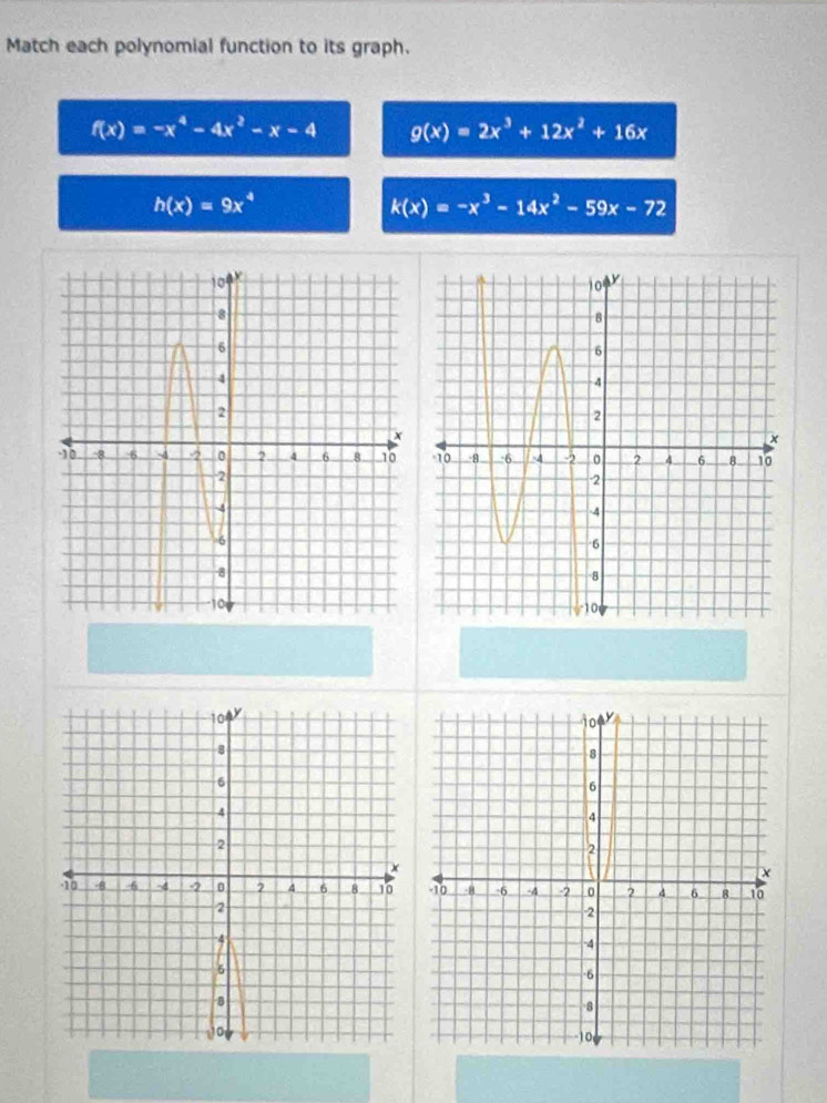 Match each polynomial function to its graph.
f(x)=-x^4-4x^2-x-4 g(x)=2x^3+12x^2+16x
h(x)=9x^4
k(x)=-x^3-14x^2-59x-72