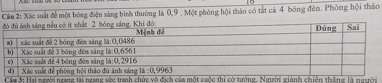 Xác suất để một bóng điện sáng bình thường là 0, 9. Một phòng hội thảo có tất cả 4 bóng đèn. Phòng hội thảo