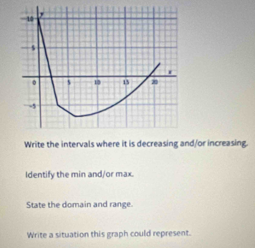 Write the intervals where it is decreasing and/or increasing. 
Identify the min and/or max. 
State the domain and range. 
Write a situation this graph could represent.