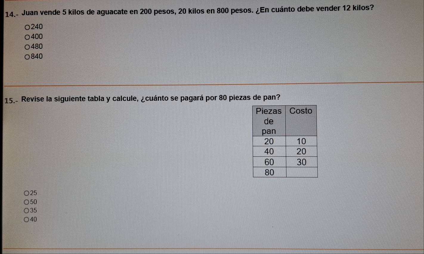 14.- Juan vende 5 kilos de aguacate en 200 pesos, 20 kilos en 800 pesos. ¿En cuánto debe vender 12 kilos?
240
400
480
840
15.- Revise la siguiente tabla y calcule, ¿cuánto se pagará por 80 piezas de pan?
25
50
35
40