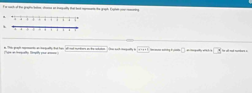 For each of the graphs below, choose an inequality that best represents the graph. Explain your reasoning 
a. 
b. 
a. This graph represents an inequality that has all real numbers as the solution One such inequality is x>x+1 because solving it yields □ an inequality which is for all real numbers x. 
(Type an inequality. Simplify your answer.)