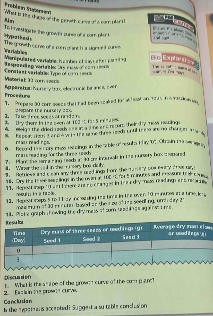 Problem Statement 
What is the shape of the growth curve of a corn plant? 
Aim 
CAUTIOM 
Ensure the plants obtain 
To investigate the growth curve of a corn plant. 
Hypothesis and light. 
The growth curve of a corn plant is a sigmoid curve. 
Variables 
Manipulated variable: Number of days after planting 
Bio Exploration 
Responding variable: Dry mass of corn seeds 
The scientific name of com 
Constant variable: Type of corn seeds plant is Zea mays. 
Material: 30 corn seeds 
Apparatus: Nursery box, electronic balance, oven 
Procedure 
1. Prepare 30 corn seeds that had been soaked for at least an hour. In a spacious area, 
prepare the nursery box. 
2. Take three seeds at random. 
3. Dry them in the oven at 100°C for 5 minutes. 
4. Weigh the dried seeds one at a time and record their dry mass readings. 
5. Repeat steps 3 and 4 with the same three seeds until there are no changes in their dry 
mass readings. 
6. Record their dry mass readings in the table of results (day ‘0’). Obtain the average dry 
mass reading for the three seeds. 
7. Plant the remaining seeds at 30 cm intervals in the nursery box prepared. 
8. Water the soil in the nursery box daily. 
9. Retrieve and clean any three seedlings from the nursery box every three days. 
10. Dry the three seedlings in the oven at 100°C for 5 minutes and measure their dry mass. 
11. Repeat step 10 until there are no changes in their dry mass readings and record the 
results in a table. 
12. Repeat steps 9 to 11 by increasing the time in the oven 10 minutes at a time, for a 
maximum of 30 minutes, based on the size of the seedling, until day 21. 
13. Plot a graph showing the dry mass of corn seedlings against time. 
d 
Discussion 
1. What is the shape of the growth curve of the corn plant? 
2. Explain the growth curve. 
Conclusion 
Is the hypothesis accepted? Suggest a suitable conclusion.