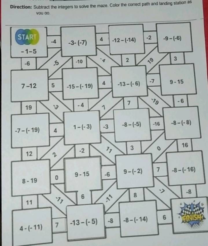 Direction: Subtract the integers to solve the maze. Color the correct path and landing station as