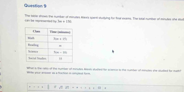 The table shows the number of minutes Alexis spent studying for final exams. The total number of minutes she stud
can be represented by 3m+150.
What is the ratio of the number of minutes Alexis studied for science to the number of minutes she studied for math?
Write your answer as a fraction in simplest form.
χ  □ /□   □^(□) sqrt(0) sqrt[□](□ ) = < s 2 π