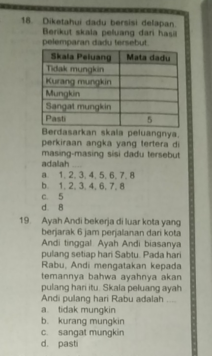 Diketahui dadu bersisi delapan.
Berikut skala peluang dari hasil
pelemparan dadu tersebut.
Berdasarkan skala peluangnya,
perkiraan angka yang tertera di
masing-masing sisi dadu tersebut
adalah_
a. 1, 2, 3, 4, 5, 6, 7, 8
b 1, 2, 3, 4, 6, 7, 8
c. 5
d. 8
19. Ayah Andi bekerja di luar kota yang
berjarak 6 jam perjalanan dari kota
Andi tinggal Ayah Andi biasanya
pulang setiap hari Sabtu. Pada hari
Rabu, Andi mengatakan kepada
temannya bahwa ayahnya akan
pulang hari itu. Skala peluang ayah
Andi pulang hari Rabu adalah ....
a tidak mungkin
b. kurang mungkin
c. sangat mungkin
d. pasti