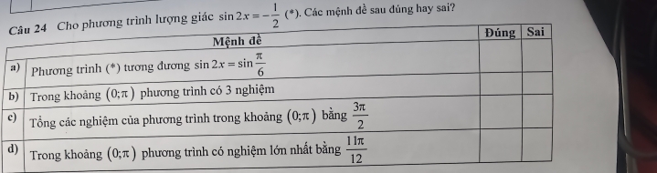 ác sin 2x=- 1/2 (*). Các mệnh đề sau đúng hay sai?