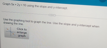 Graph 5x+2y=10 using the slope and y-intercept. 
Use the graphing tool to graph the line. Use the slope and y-intercept when drawing the line. 
Click to 
enlarge 
graph