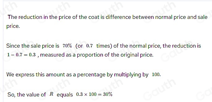 Solved: In a sale, the normal price of a coat is reduced by R% Given ...