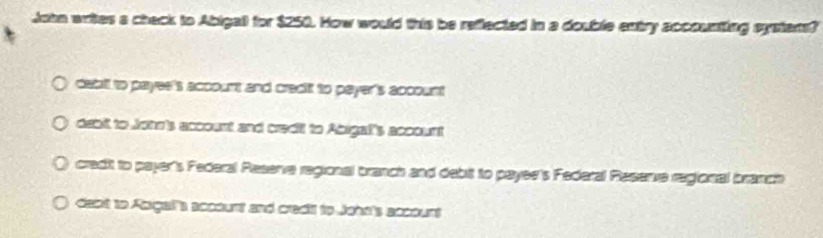 John writes a check to Abigall for $250. How would this be refected in a double entry accounting systars?
dabil to payee's account and credit to payer's account
dabit to John's account and creelt to Abigal's account
credit to payer's Federal Peserve regional branch and debit to payee's Federal Reserve regional branch
dant to Ragal's account and credit to Johe's account