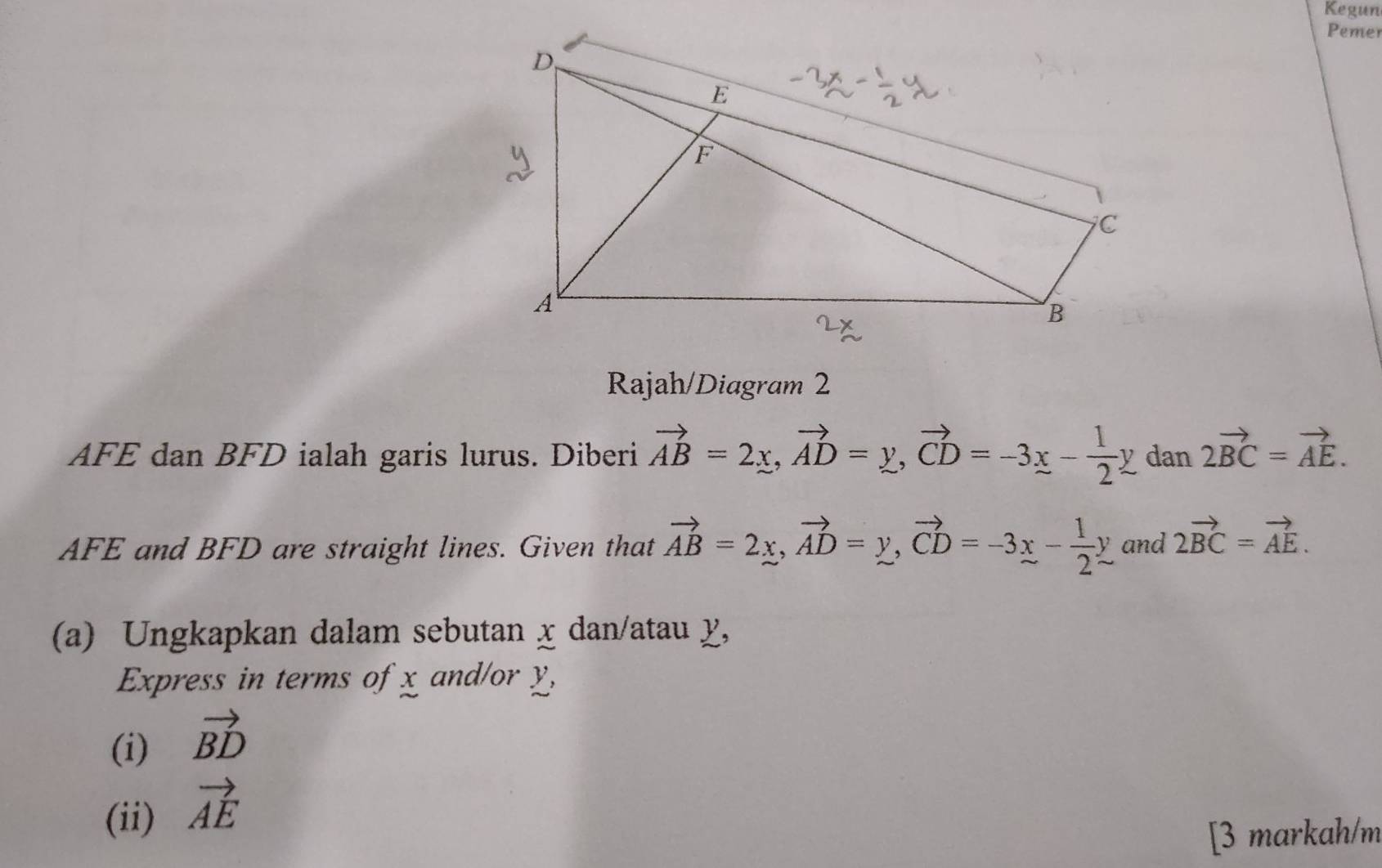 Kegun 
Pemer 
Rajah/Diagram 2 
AFE dan BFD ialah garis lurus. Diberi vector AB=2x, vector AD=y, vector CD=-3x- 1/2 y a Ian 2vector BC=vector AE. 
AFE and BFD are straight lines. Given that vector AB=2x, vector AD=y, vector CD=-3x- 1/2 y and 2vector BC=vector AE. 
(a) Ungkapkan dalam sebutan x dan/atau y, 
Express in terms of x and/or y, 
(i) vector BD
(ii) vector AE
[3 markah/m