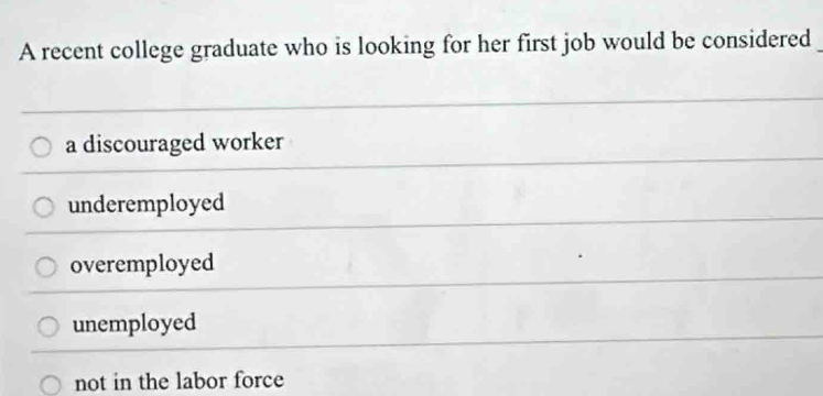 A recent college graduate who is looking for her first job would be considered_
a discouraged worker
underemployed
overemployed
unemployed
not in the labor force