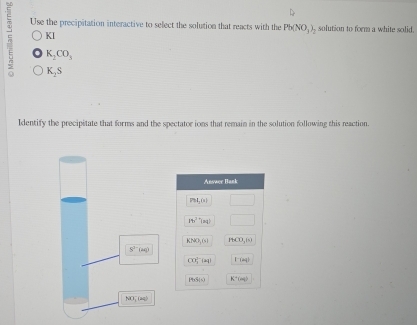 Use the precipitation interactive to select the solution that reacts with the Pb(NO_3)_2 solution to form a white solid.
KI
K_2CO_3
K_2S
Identify the precipitate that forms and the spectator ions that remain in the solution following this reaction.
S^(3-)(aq)
NO, (aq)