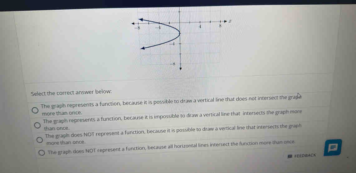 Select the correct answer below:
The graph represents a function, because it is possible to draw a vertical line that does not intersect the grap a
more than once.
The graph represents a function, because it is impossible to draw a vertical line that intersects the graph more
than once.
The graph does NOT represent a function, because it is possible to draw a vertical line that intersects the graph
more than once.
The graph does NOT represent a function, because all horizontal lines intersect the function more than once.
FEEDBACK