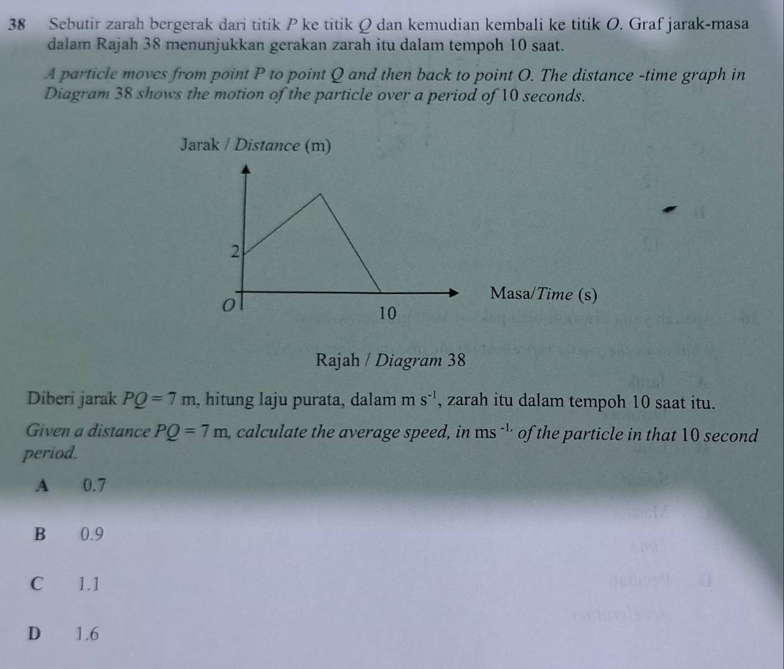 Sebutir zarah bergerak dari titik P ke titik Q dan kemudian kembali ke titik O. Graf jarak-masa
dalam Rajah 38 menunjukkan gerakan zarah itu dalam tempoh 10 saat.
A particle moves from point P to point Q and then back to point O. The distance -time graph in
Diagram 38 shows the motion of the particle over a period of 10 seconds.
Jarak / Distance (m)
2
0
Masa/Time (s)
10
Rajah / Diagram 38
Diberi jarak PQ=7m , hitung laju purata, dalam ms^(-1) , zarah itu dalam tempoh 10 saat itu.
Given a distance PQ=7m , calculate the average speed, in ms^(-1,) of the particle in that 10 second
period.
A 0.7
B₹ 0.9
C 1.1
D 1.6