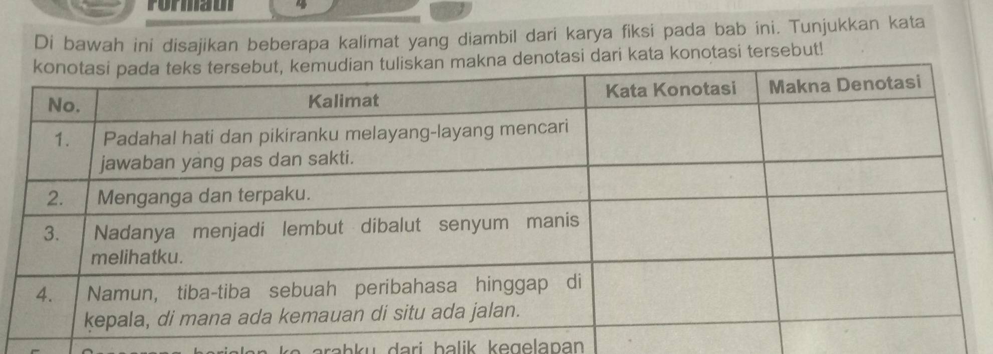 rormau 4 
Di bawah ini disajikan beberapa kalimat yang diambil dari karya fiksi pada bab ini. Tunjukkan kata 
dari kata konotasi tersebut! 
rahku dari balik kegelapan