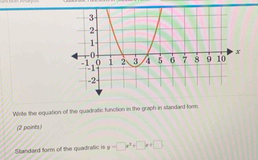 nction Analysis 
Write the equation of the quadratic function in the graph in standard form. 
(2 points) 
Standard form of the quadratic is y=□ x^2+□ x+□.