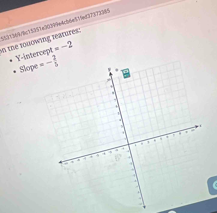 5531369/8c15351e30399e4cb6e51fed37373385 
n the following reatures: 
Y-intercept =-2
Slope =- 2/5 