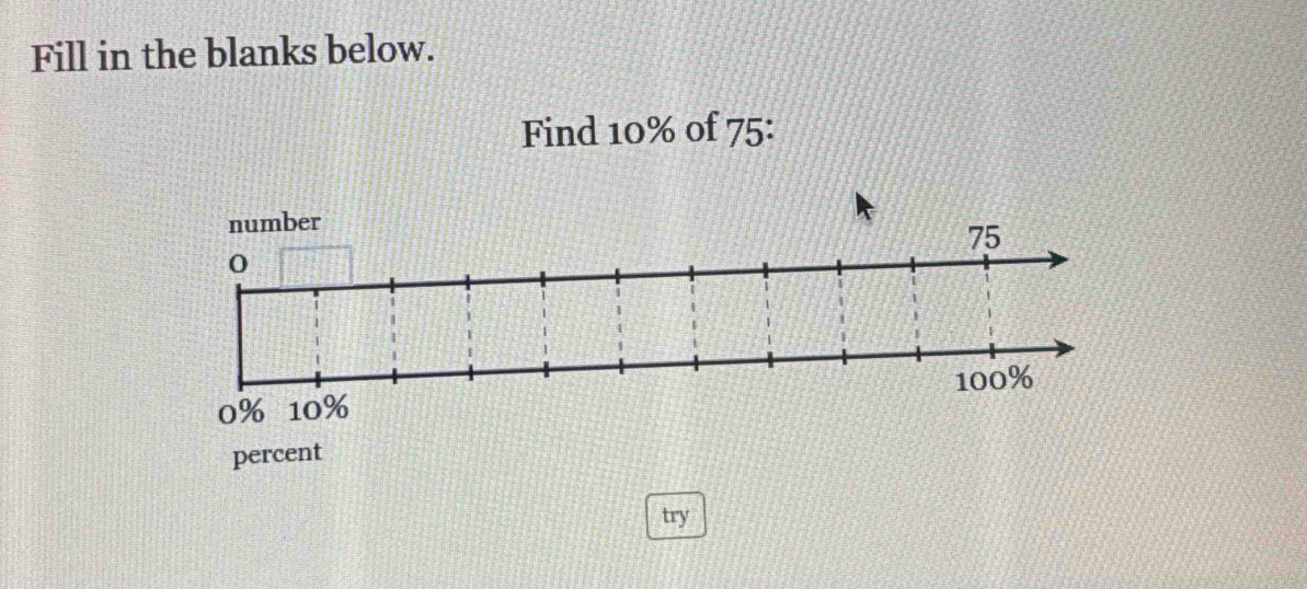 Fill in the blanks below. 
Find 10% of 75 : 
try