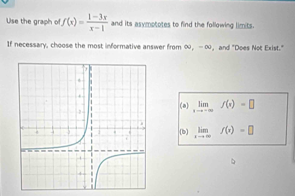 Use the graph of f(x)= (1-3x)/x-1  and its asymptotes to find the following limits.
If necessary, choose the most informative answer from ∞ ， -∞ ， and "Does Not Exist."
(a) limlimits _xto -∈fty f(x)=□
(b) limlimits _xto ∈fty f(x)=□