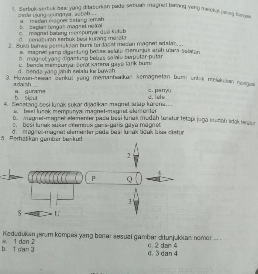 Serbuk-serbuk besi yang ditaburkan pada sebuah magnet batang yang melekat paling banyak
pada ujung-ujungnya, sebab....
a. medan magnet batang lemah
b. bagian tengah magnet netral
c. magnet batang mempunyai dua kutub
d. penaburan serbuk besi kurang merata
2. Bukti bahwa permukaan bumi terdapat medan magnet adalah....
a. magnet yang digantung bebas selalu menunjuk arah utara-selatan
b. magnet yang digantung bebas selalu berputar-putar
c. benda mempunyai berat karena gaya tarik bumi
d. benda yang jatuh selalu ke bawah
3. Hewan-hewan berikut yang memanfaatkan kemagnetan burni untuk melakukan navigasi
adalah ...
a. gurame c. penyu
b. siput d. lele
4. Sebatang besi lunak sukar dijadikan magnet tetap karena....
a. besi lunak mempunyai magnet-magnet elementer
b. magnet-magnet elementer pada besi lunak mudah teratur tetapi juga mudah tidak teratur
c. besi lunak sukar ditembus garis-garis gaya magnet
d. magnet-magnet elementer pada besi lunak tidak bisa diatur
5. Perhatikan gambar berikut!
Kedudukan jarum kompas yang benar sesuai gambar ditunjukkan nomor ... .
a. 1 dan 2 c. 2 dan 4
b. 1 dan 3 d. 3 dan 4