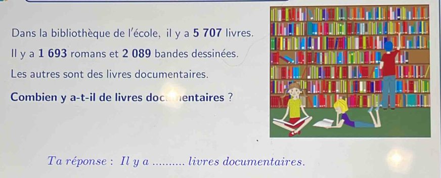 Dans la bibliothèque de l'école, il y a 5 707 livres. 
Il y a 1 693 romans et 2 089 bandes dessinées. 
Les autres sont des livres documentaires. 
Combien y a-t-il de livres docementaires ? 
Ta réponse : Il y a .......... livres documentaires.