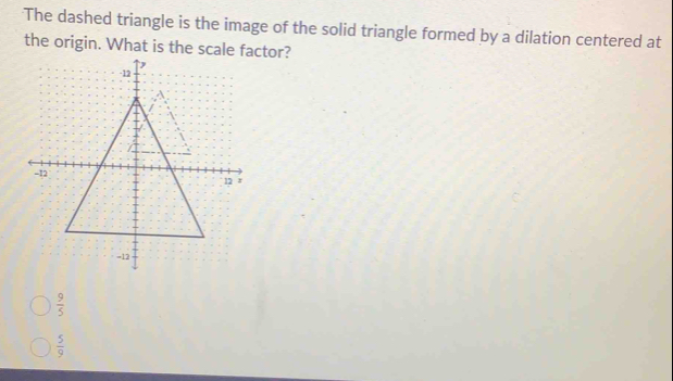 The dashed triangle is the image of the solid triangle formed by a dilation centered at
the origin. What is the scale factor?
 9/5 
 5/9 