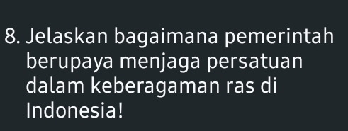 Jelaskan bagaimana pemerintah 
berupaya menjaga persatuan 
dalam keberagaman ras di 
Indonesia!