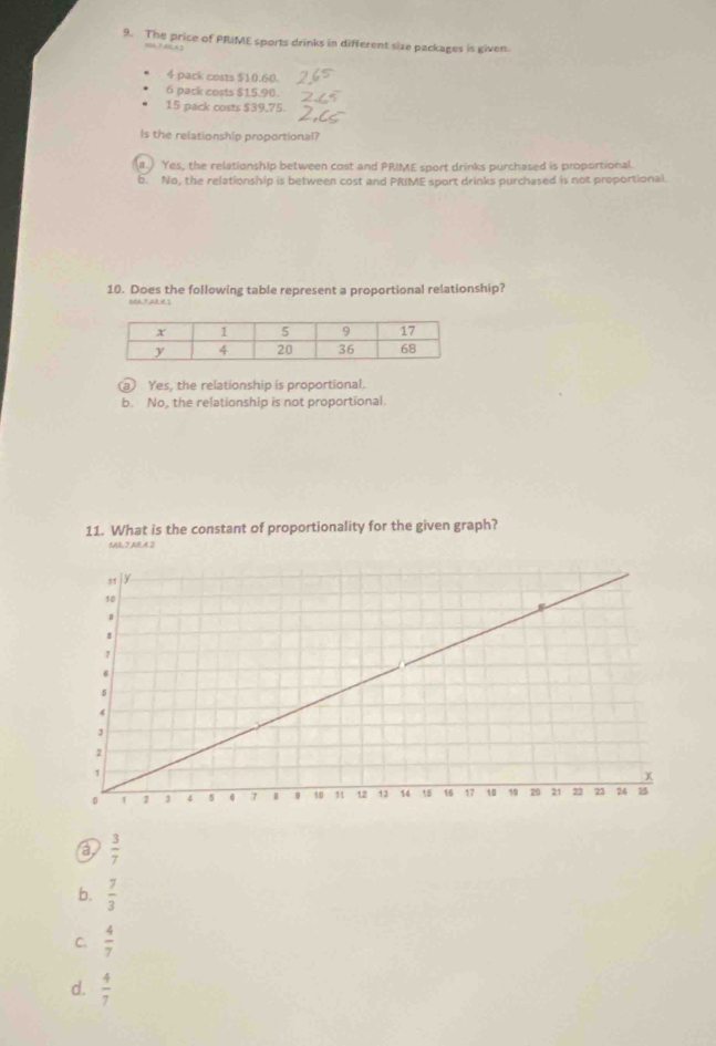 The price of PRIME sports drinks in different size packages is given.
4 pack costs $10.60.
6 pack costs $15.90.
15 pack costs $39.75.
Is the relationship proportional?
a.) Yes, the relationship between cost and PRIME sport drinks purchased is proportional.
b. No, the relationship is between cost and PRIME sport drinks purchased is not proportional
10. Does the following table represent a proportional relationship?
(a) Yes, the relationship is proportional.
b. No, the relationship is not proportional.
11. What is the constant of proportionality for the given graph?
M7,AR,4.2
a  3/7 
b.  7/3 
C.  4/7 
d.  4/7 