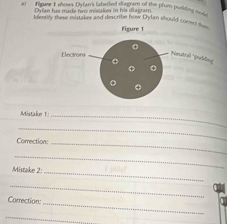 Figure 1 shows Dylan's labelled diagram of the plum pudding mode 
Dylan has made two mistakes in his diagram. 
Identify these mistakes and describe how Dylan should corr 
Mistake 1:_ 
_ 
Correction:_ 
_ 
_ 
Mistake 2: 
_ 
_ 
Correction: 
_