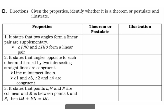 Directions: Given the properties, identify whether it is a theorem or postulate and
illustrate.