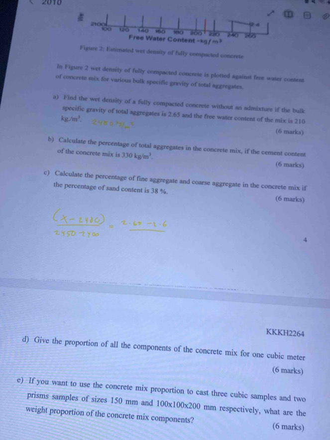 2010 
density of fully compacted concrete 
In Figure 2 wet density of fully compacted concrete is plotted against free water content 
of concrete mix for various bulk specific gravity of total aggregates. 
a) Find the wet density of a fully compacted concrete without an admixture if the bulk 
specific gravity of total aggregates is 2.65 and the free water content of the mix is 210
kg/m^3. 
(6 marks) 
b) Calculate the percentage of total aggregates in the concrete mix, if the cement content 
of the concrete mix is 330kg/m^3. (6 marks) 
c) Calculate the percentage of fine aggregate and coarse aggregate in the concrete mix if 
the percentage of sand content is 38 %. (6 marks) 
4 
KKKH2264 
d) Give the proportion of all the components of the concrete mix for one cubic meter
(6 marks) 
e) If you want to use the concrete mix proportion to cast three cubic samples and two 
prisms samples of sizes 150 mm and 100* 100* 200 mm respectively, what are the 
weight proportion of the concrete mix components? (6 marks)