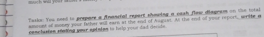 much will your father 
 
) Tasks: You need to prepare a financial report showing a cash flow diagram on the total 
amount of money your father will earn at the end of August. At the end of your report, write q
conclusion stating your opinion to help your dad decide.