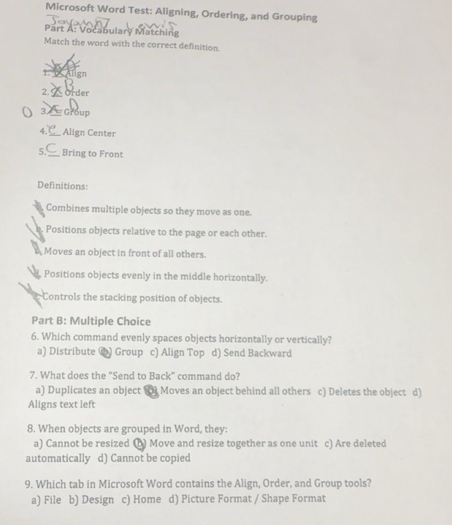 Solved: Microsoft Word Test: Aligning, Ordering, and Grouping Part A ...