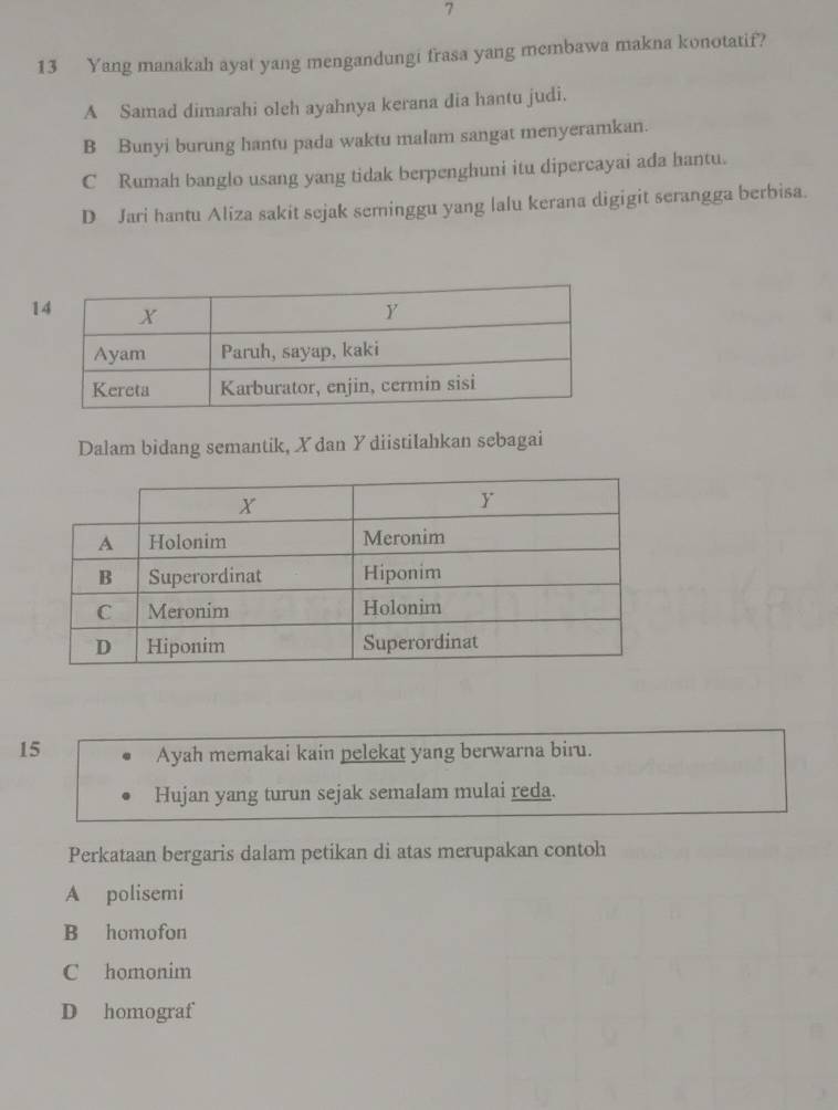 7
13 Yang manakah ayat yang mengandungi frasa yang membawa makna konotatif?
A Samad dimarahi oleh ayahnya kerana dia hantu judi.
B Bunyi burung hantu pada waktu malam sangat menyeramkan.
C Rumah banglo usang yang tidak berpenghuni itu dipercayai ada hantu.
D Jari hantu Aliza sakit sejak seminggu yang lalu kerana digigit serangga berbisa.
1
Dalam bidang semantik, X dan Ydiistilahkan sebagai
15 Ayah memakai kain pelekat yang berwarna biru.
Hujan yang turun sejak semalam mulai reda.
Perkataan bergaris dalam petikan di atas merupakan contoh
A polisemi
B homofon
C homonim
D homograf