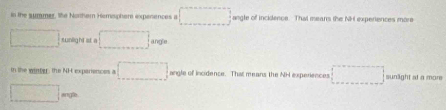 in the summer, the Northern Hemisphere expenences a □ angle of incidence. That means the NH experiences more 
□ sunlight at a □ angle. 
in the winter, the NH experiences a □ angle of incidence. That means the NH experiences □ sunlight at a more 
□ angle.