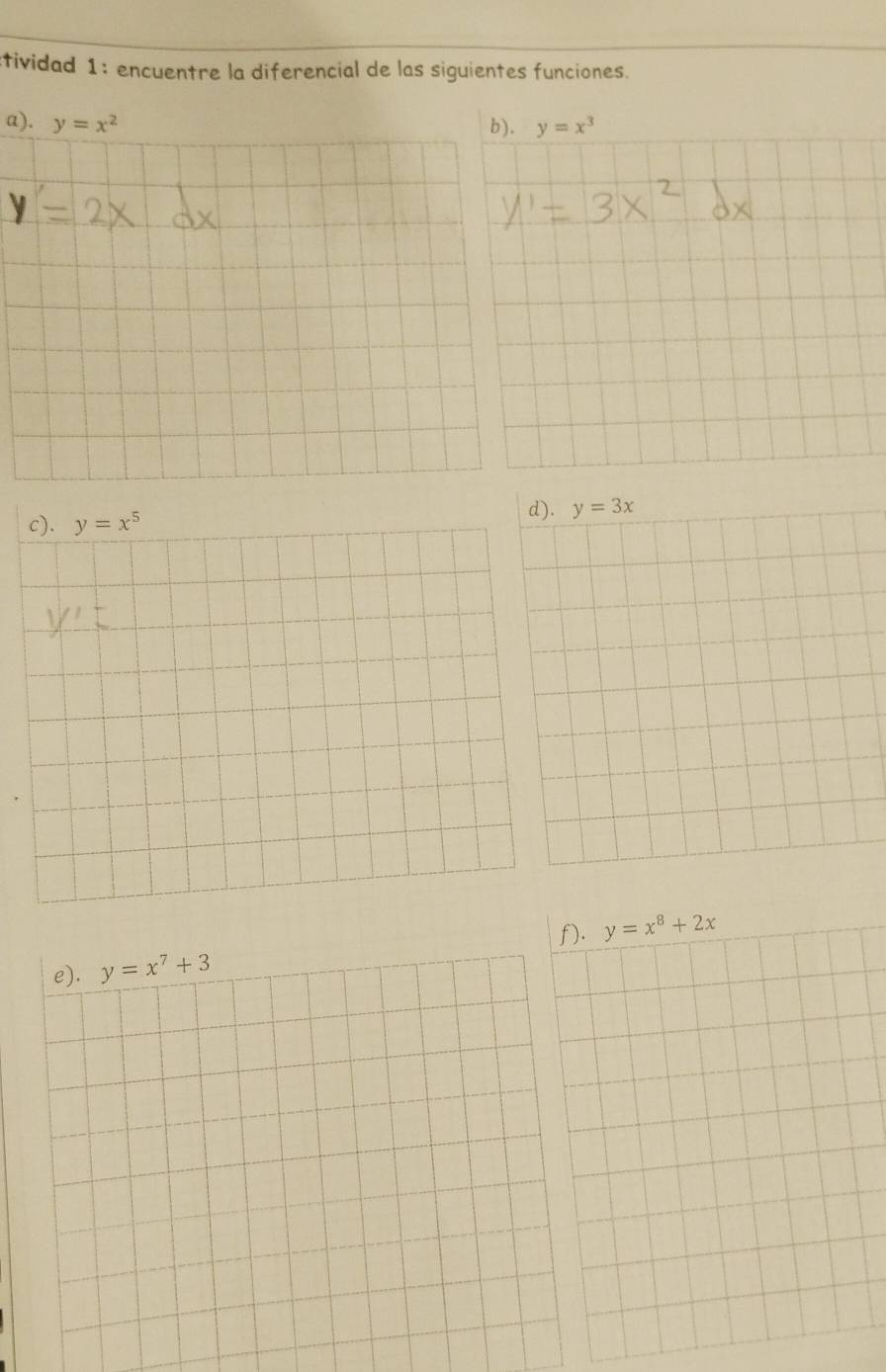 tividad 1: encuentre la diferencial de las siguientes funciones.
a). y=x^2 b). y=x^3
y=3x
f). y=x^8+2x