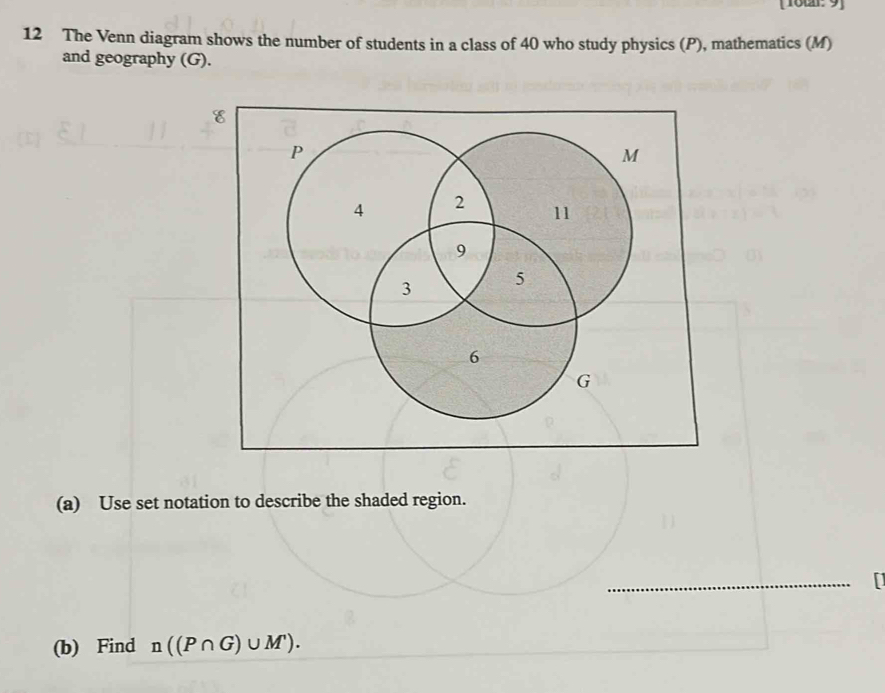 [18r:9] 
12 The Venn diagram shows the number of students in a class of 40 who study physics (P), mathematics (M) 
and geography (G). 
(a) Use set notation to describe the shaded region. 
_[] 
(b) Find n((P∩ G)∪ M^.).