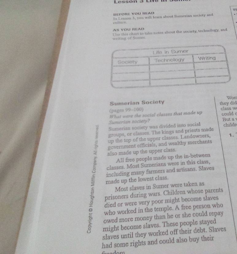 Lesson 3 Lif é
BEFORE YOU READ TE
In Lesson 3, you will learn about Sumerian society and
culture.
AS YOU READ
Use this chart to take notes about the society, technology, and
writing of Sumer.
Wor
Sumerian Society
(pages 99-100) they did
class w
What were the social classes that made up could c
Sumerian society? But a
Sumerian society was divided into social childr
groups, or classes. The kings and priests made
up the top of the upper classes. Landowners, 1.
government officials, and wealthy merchants
also made up the upper class.
All free people made up the in-between
classes. Most Sumerians were in this class,
including many farmers and artisans. Slaves
made up the lowest class.
Most slaves in Sumer were taken as
prisoners during wars. Children whose parents
died or were very poor might become slaves
who worked in the temple. A free person who
owed more money than he or she could repay 
might become slaves. These people stayed
slaves untiI they worked off their debt. Slaves
had some rights and could also buy their