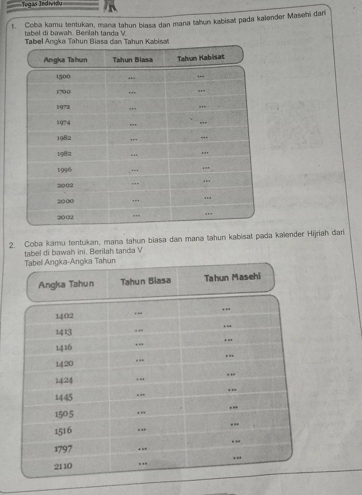 Tugas Individo 
1. Coba kamu tentukan, mana tahun biasa dan mana tahun kabisat pada kalender Masehi dari 
tabel di bawah. Berilah tanda V. 
Tabka Tahun Biasa dan Tahun Kabisat 
2. Coba kamu tentukan, mana tahun biasa dan mana tahun kabisat pada kalender Hijriah dari 
tabel di bawah ini. Berilah tanda V 
Tabel Angka-Angka Tahun